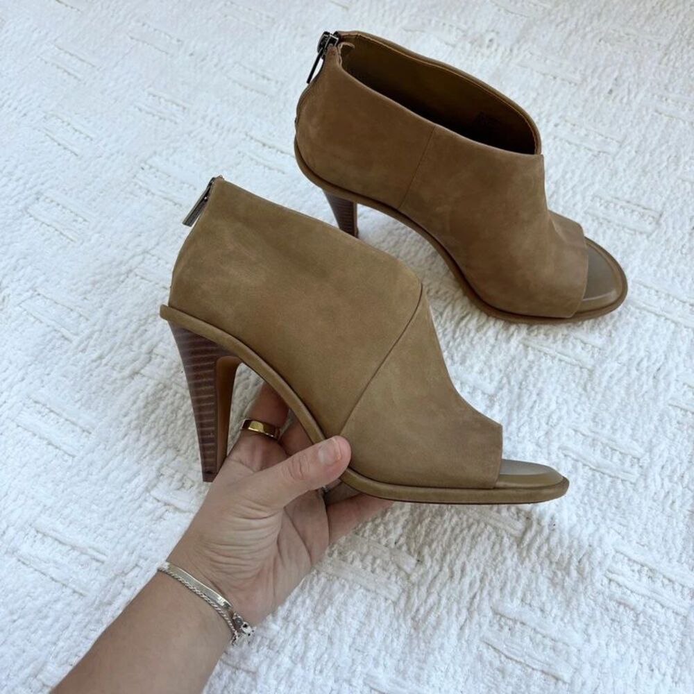 Vince Camuto Taupe Suede Peep Toe Heeled Ankle Booties Fall Winter - Picture 2 of 8